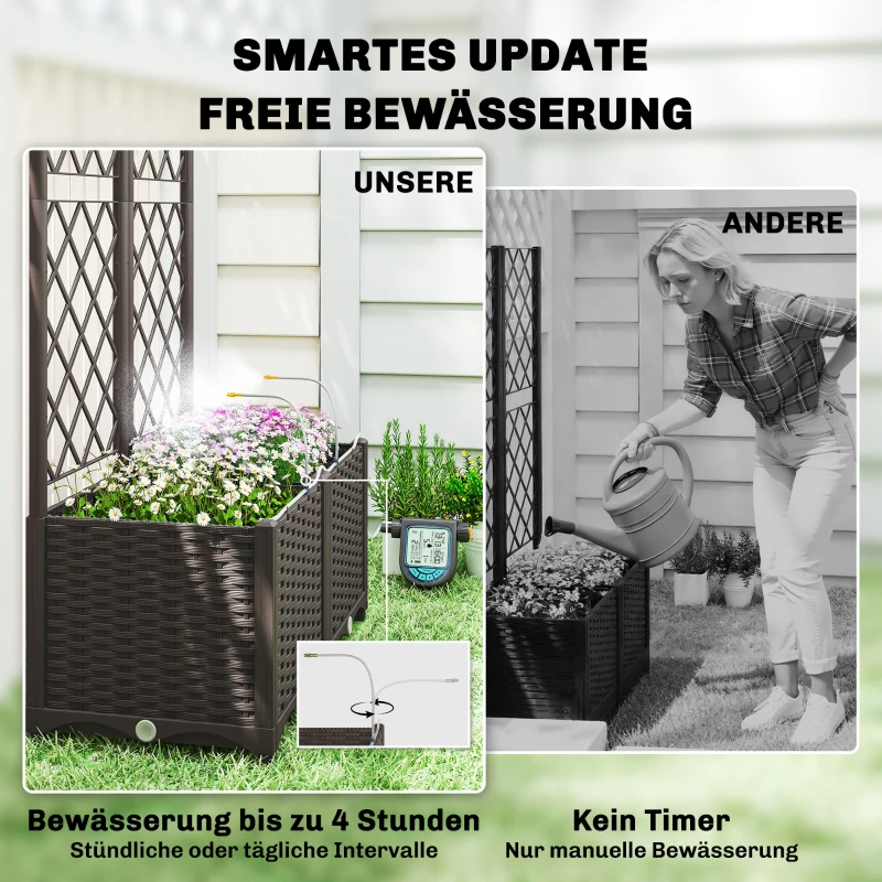 Outsunny Set van 2 Spalier met bloembak Bloembak met drainagegat Timer bewateringssysteem 80 x 40 x 136 cm Bruin