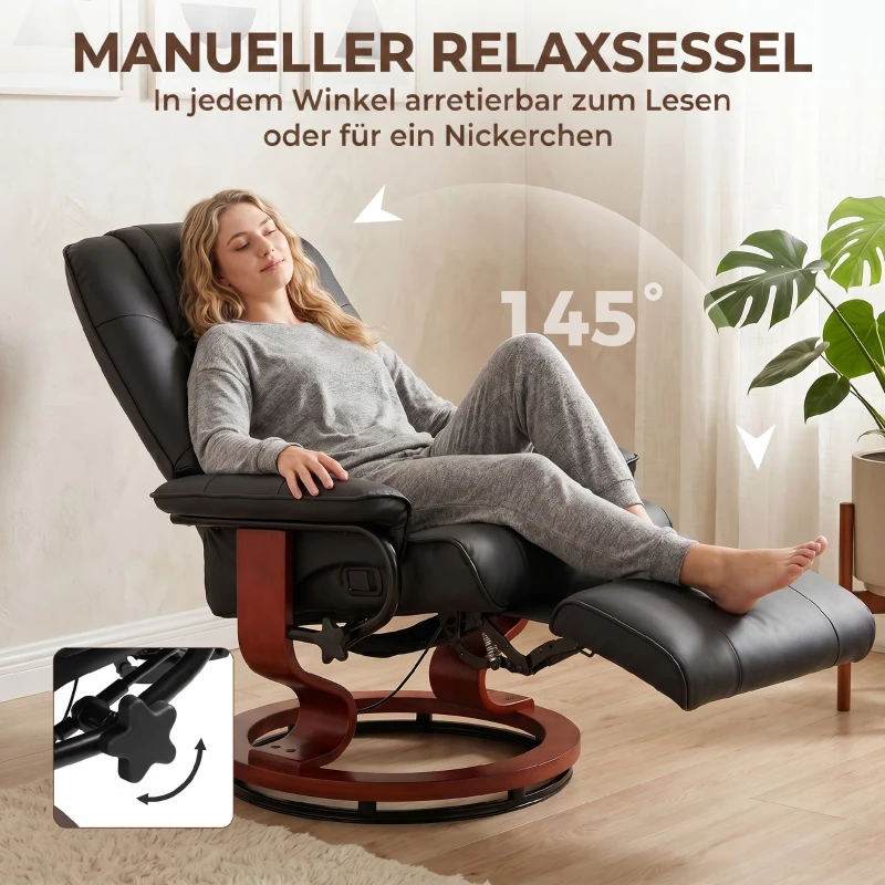 HOMCOM Fauteuil Relax Inclinable, Fauteuil de Salon, Repose-Pieds Réglable, Pivotant 360°, Piètement Bois, Revêtement Synthétique, Noir(m-4)