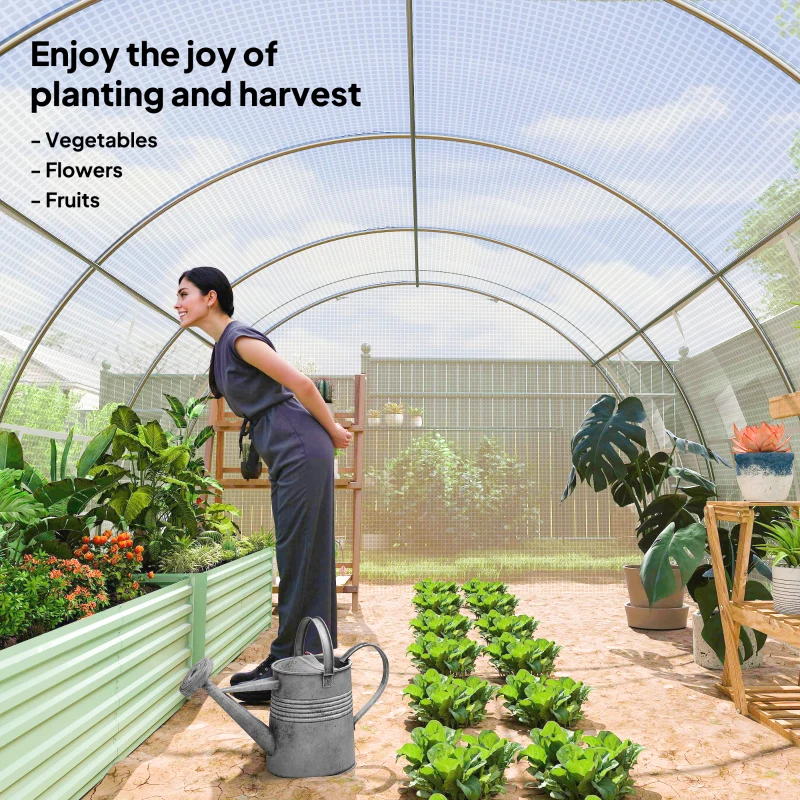 Outsunny 4 x 3 x 2 m Polytunnel Greenhouse w/ Roll-up Side Walls, Steel Frame Walk-in Grow House Tent w/ Zippered Door and 8 Windows and Reinforced Cover for Garden and Backyard, White