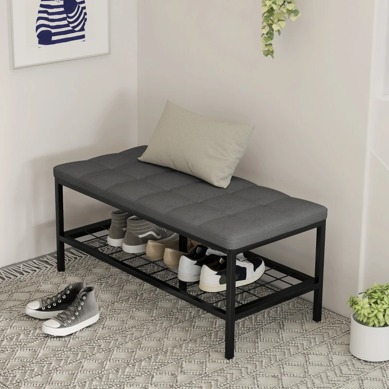 HOMCOM Banco de sapatos com almofada estofada e prateleira de arrumação, banco de entrada para corredor, quarto, 90x41x40cm, cinzento