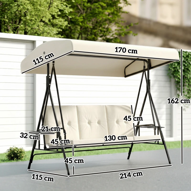 Outsunny Balancelle de jardin 3 places grand confort inclinaison toit réglable, 2 tablettes latérales, coussins, acier polyester
