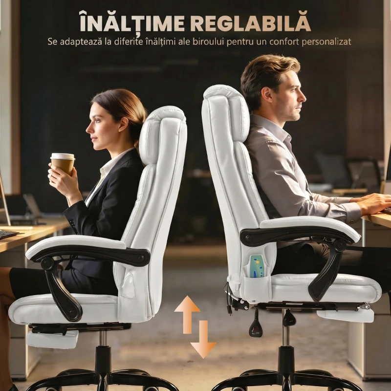 Vinsetto Scaun de birou de masaj, scaun de birou, scaun ergonomic cu înălțime reglabilă, spătar inclinabil și telecomandă cu fir, suport pentru picioare retractabil și pivotant la 360°, alb
