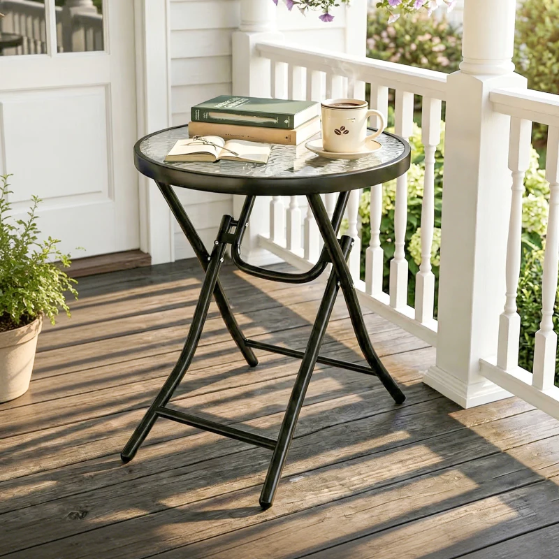 Outsunny Mesa de Vidrio Redonda Plegable Mesa de Jardín con Hebilla de Seguridad Borde Cubierto de Metal Patio Interior y Exterior Ø45x50 cm Negro
