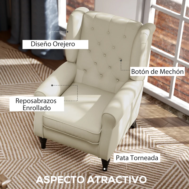 HOMCOM Sillón de Salón con Reposacabezas y Patas de Madera Butaca Carga 160 kg para Dormitorio Oficina Sala de Estar Crema