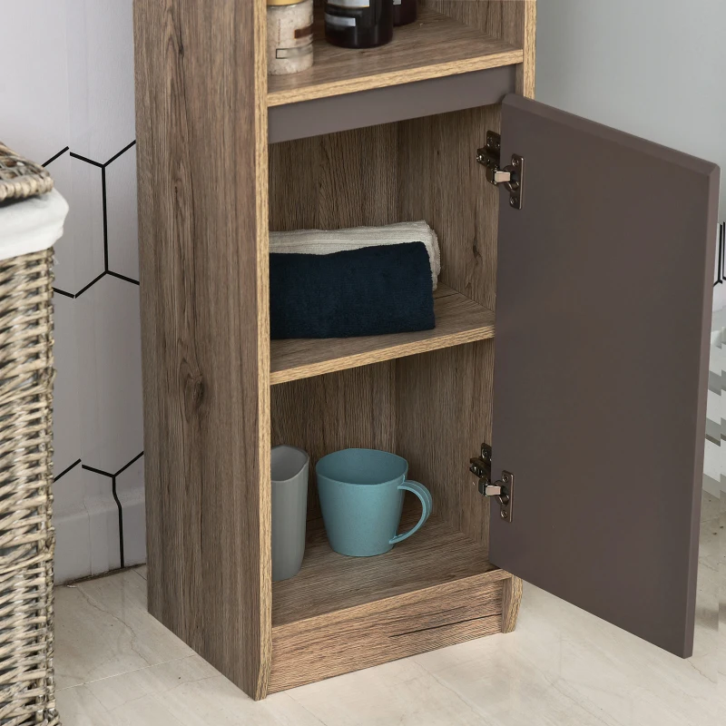 HOMCOM Armario de Baño Alto, Columna de Baño Estrecha con 2 Puertas y 2 Estantes Abiertos, para Espacios Pequeños, 30x24x170 cm, Roble y Gris