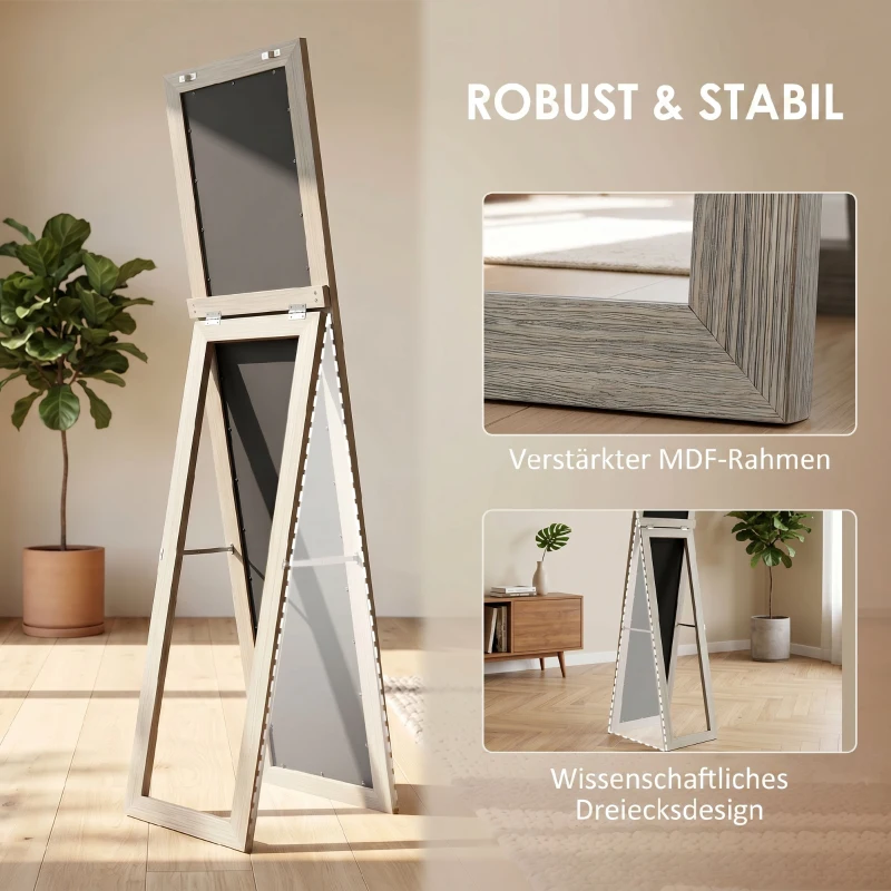 HOMCOM Miroir sur pied mural ou à poser rectangulaire avec cadre en bois pour salon chambre à coucher 37 x 155 cm gris