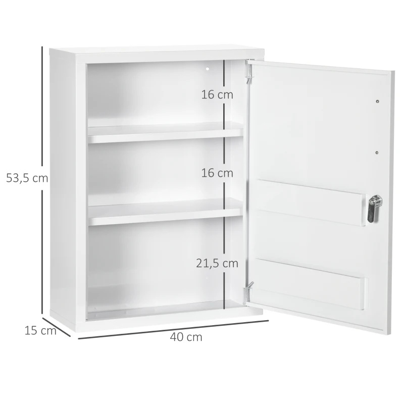 kleankin Armário de farmácia 2 prateleiras 3 níveis com porta trancável 2 chaves 40 x 15 x 53,5 cm branco