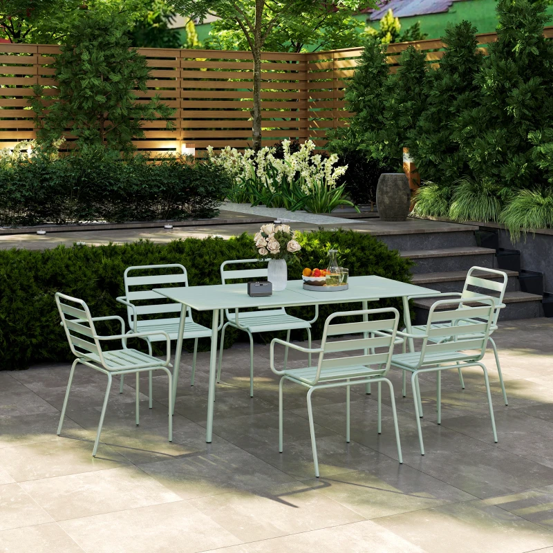 Outsunny Conjunto de jardim conjunto de jantar para jardim 7 peças com 1 mesa e 6 cadeiras empilháveis em aço verde claro