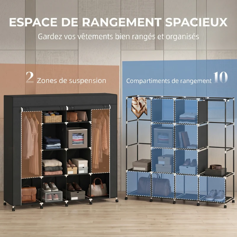 HOMCOM Armoire penderie en tissu, meuble de rangement mobile 10 roulettes avec 10 compartiments, barres de suspension, noir