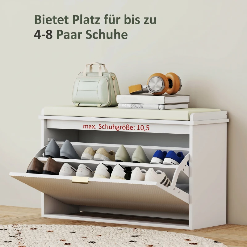 HOMCOM Banc à chaussures avec coussin d'assise rembourré et tiroir rabattable pour couloir, chambre, 80 x 26 x 47,5 cm, blanc