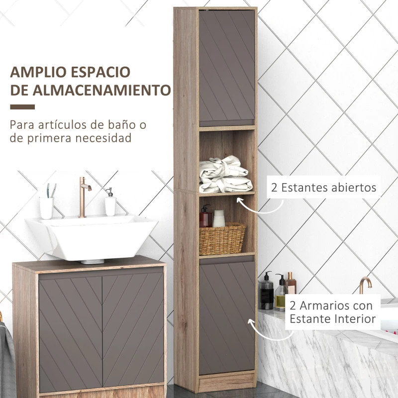 HOMCOM Armario de Baño Alto, Columna de Baño Estrecha con 2 Puertas y 2 Estantes Abiertos, para Espacios Pequeños, 30x24x170 cm, Roble y Gris