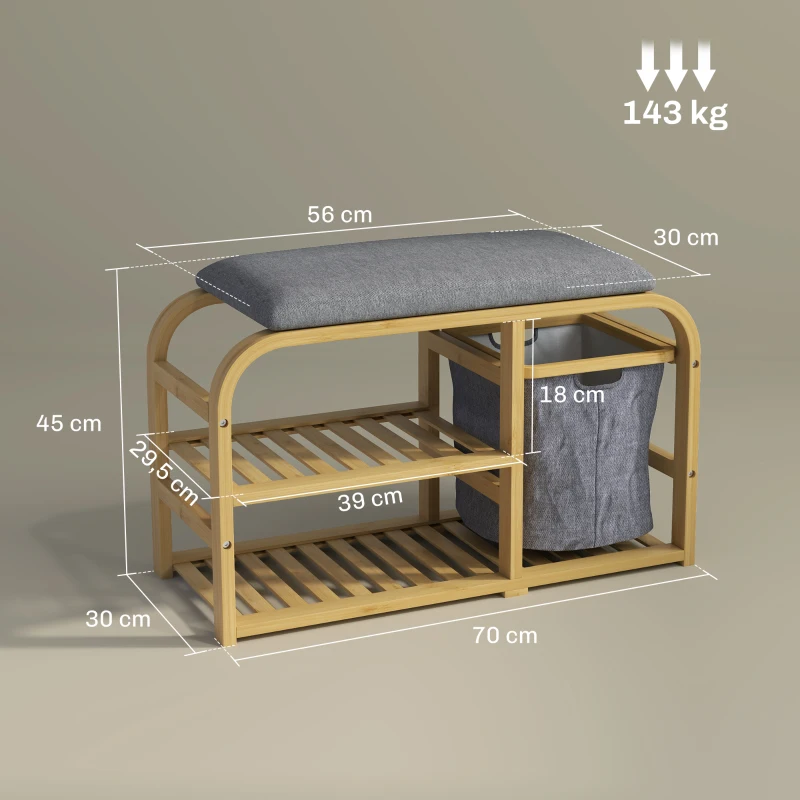 HOMCOM Banco para sapatos com almofada de assento, 2 prateleiras de ripas e cesto de tecido deslizante, 70x30x45cm, madeira natural