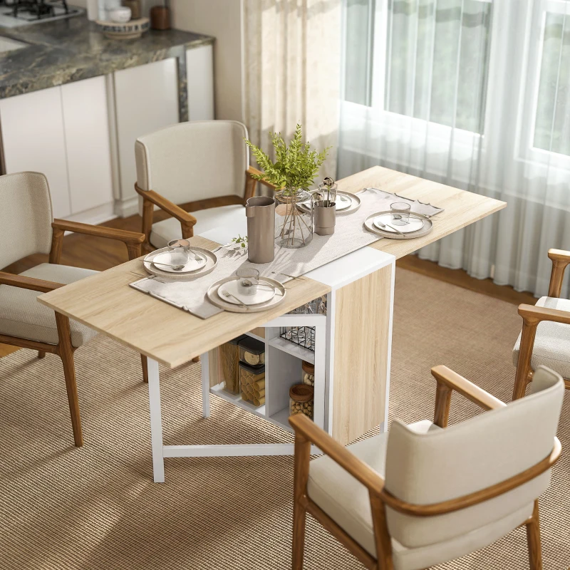 HOMCOM Mesa Plegable de Comedor, Mesa de Cocina Plegable, con Alas Abatibles, 4 Compartimentos, 3 Formas, Hasta 4 Personas, para Salón, Espacio Pequeño, 169x60x75 cm, Roble y Blanco