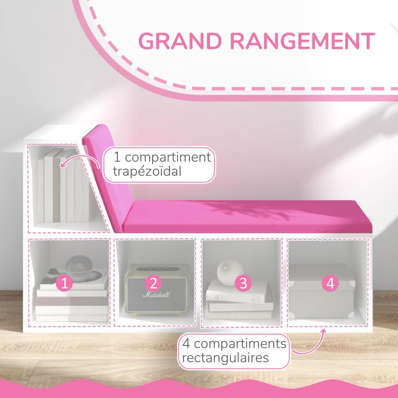 HOMCOM Bibliothèque banc 2 en 1 avec 5 compartiments de rangement et 2 coussins 108 x 30 x 60 cm blanc rose
