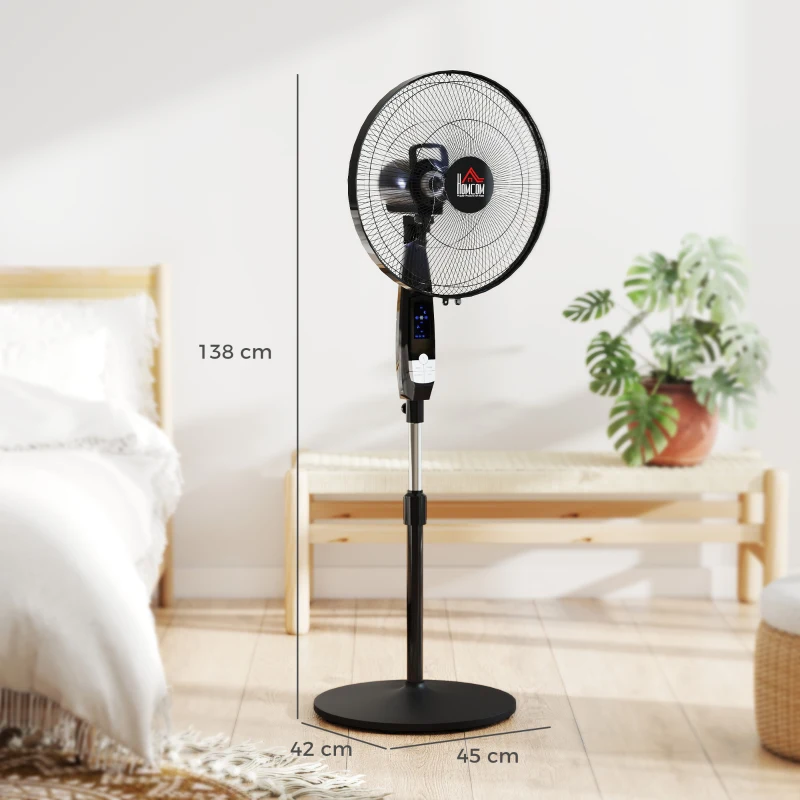 HOMCOM Ventilateur sur pied hauteur réglable oscillant 85° 3 vitesses 50 W avec écran LED télécommande minuterie Ø 42 cm noir