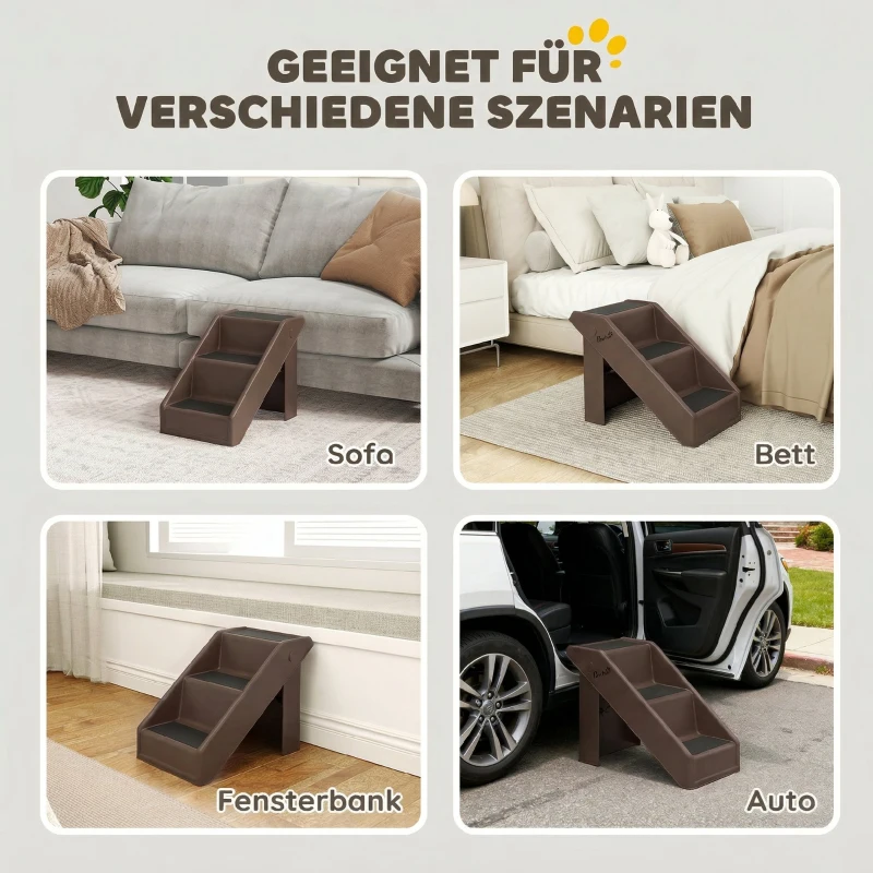 PawHut Hundetreppe 3 Stufen 36,5 cm Hoch Haustiertreppe für Kleine Hunde klappbar für Bett, Sofa, Couch Auto Braun