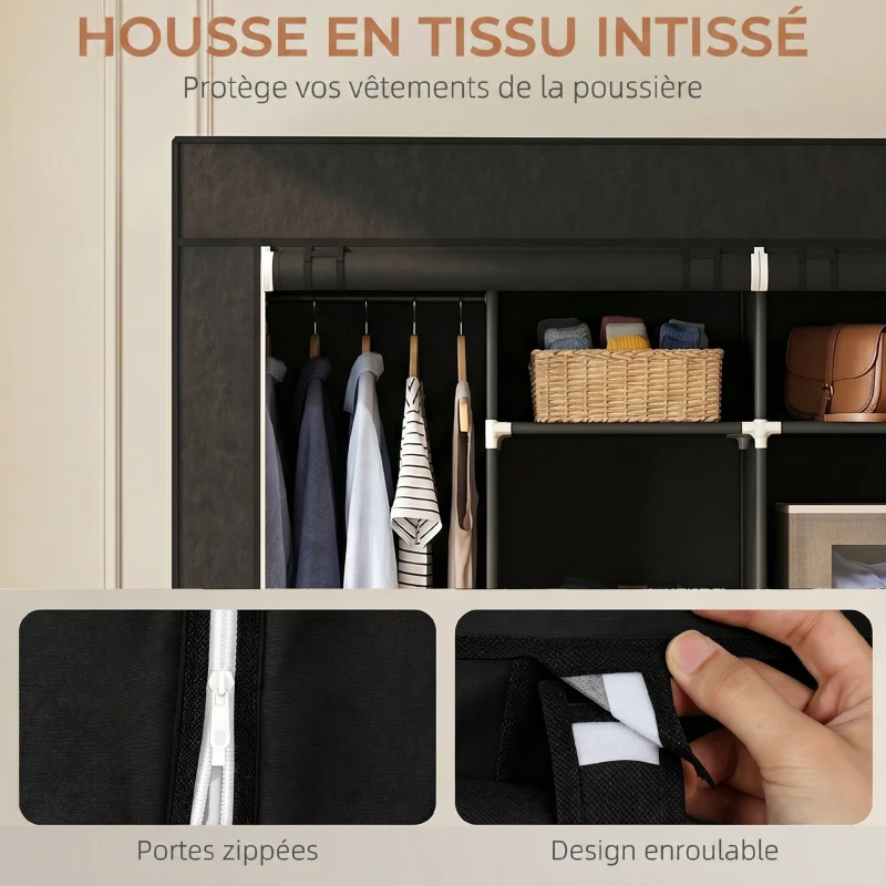 HOMCOM Armoire penderie en tissu, meuble de rangement mobile 10 roulettes avec 10 compartiments, barres de suspension, noir