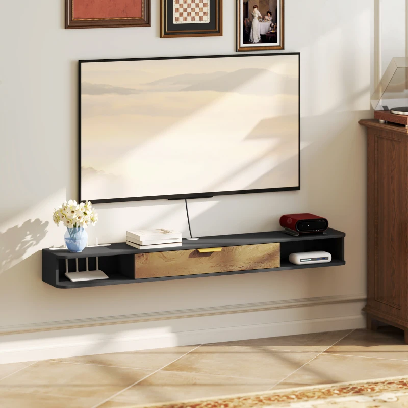HOMCOM Móvel TV suspenso com compartimentos abertos, porta basculante e passagens para cabos, 160 x 24 x 16 cm, cinzento