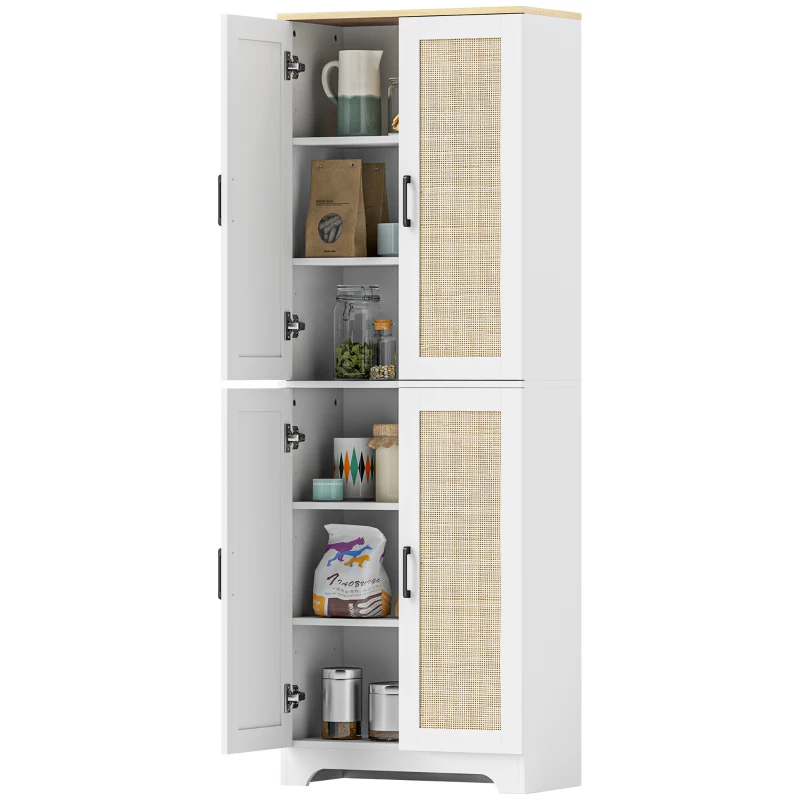 HOMCOM Alacena de Cocina con Estantes Ajustables Puertas de Ratán y Sistema Anti-vuelco 60x30x170 cm Blanco