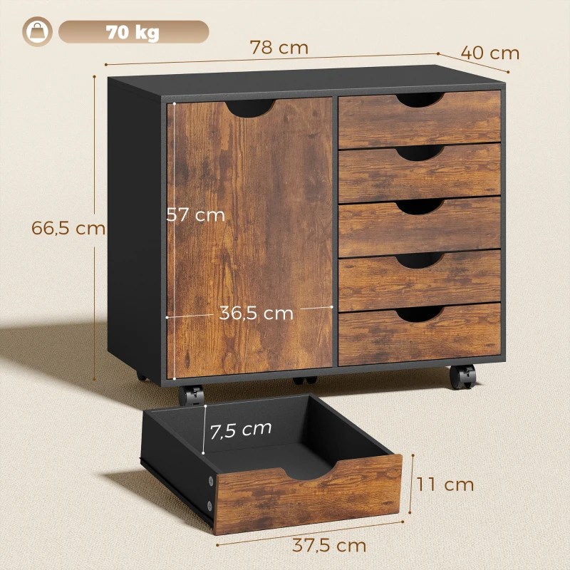 HOMCOM Meuble de rangement pour bureau 5 tiroirs 1 porte étagère réglable, support imprimante roulettes, 78x40x66,5 cm, marron