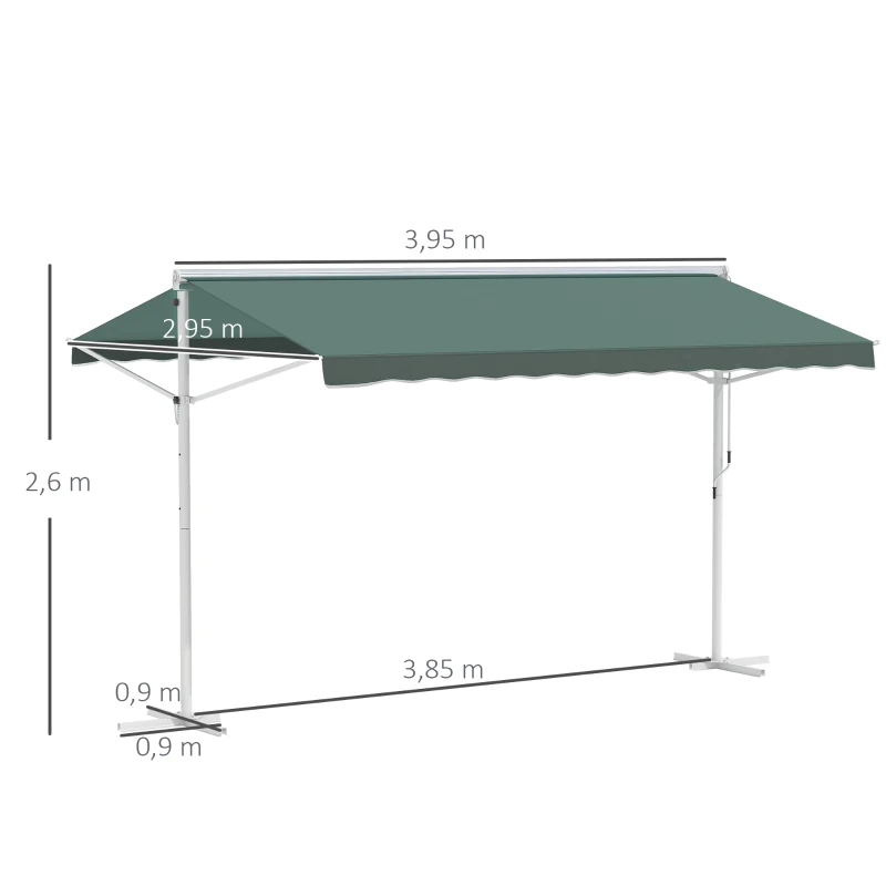 Outsunny Toldo de Dupla Inclinação 4 x 3 m Manual Retrátil Inclinação Ajustável Metal Poliéster Impermeabilizado Verde Escuro