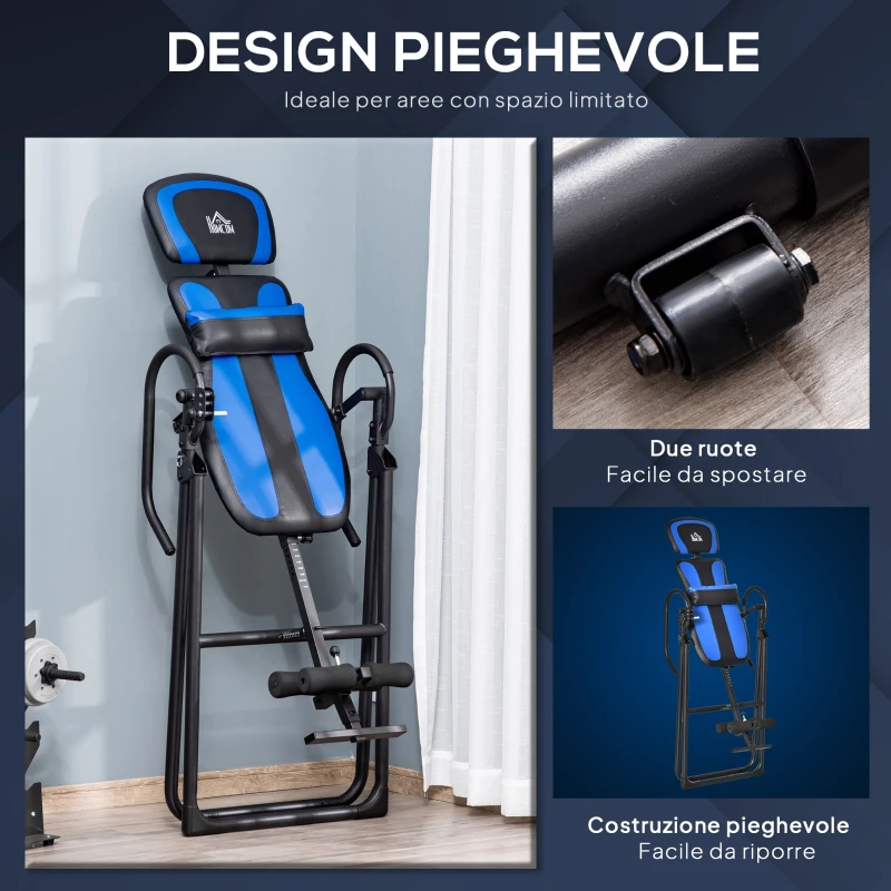 HOMCOM Panca a Inversione Gravitazionale Pieghevole con Lunghezza Regolabile da 140-203 cm e Ruote, Nero e Blu