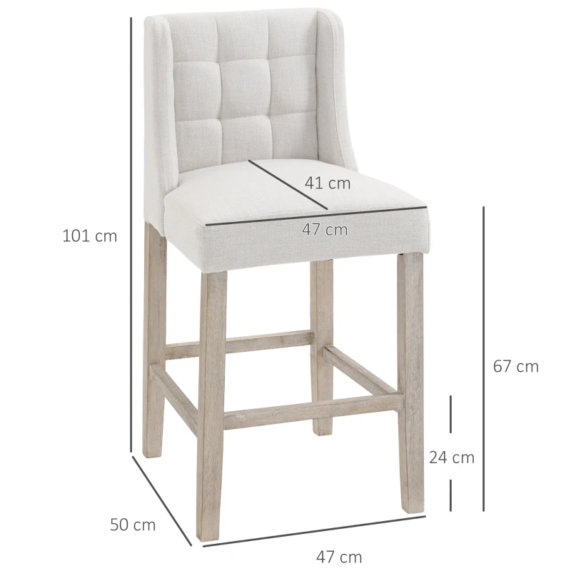HOMCOM Set of 2 Bar Stools with Button Tufting, Solid Wood, incl. Footrest, 47 cm x 50 cm x 101 cm, Gray + Natural