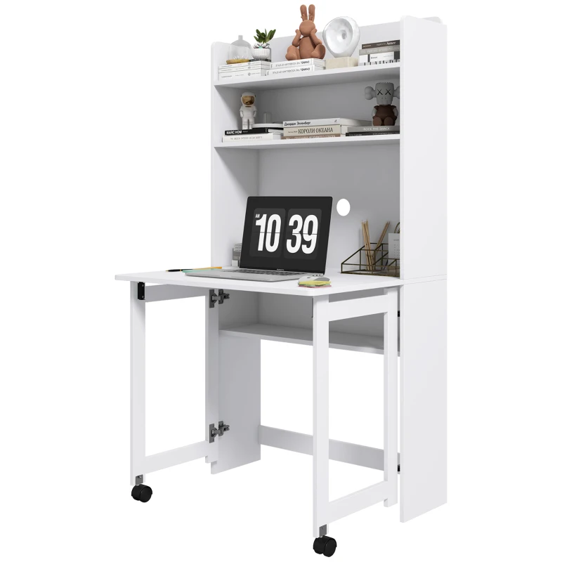 HOMCOM Bureau informatique avec étagères de rangement plateau rabattable 2 roulettes pour chambre salon 80 x 69 x 155 cm blanc