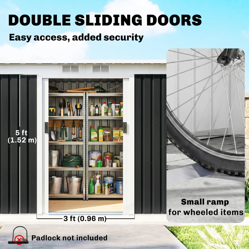 Outsunny 9' x 4' Metal Garden Storage Shed Tool House with Sliding Door Spacious Layout for Backyard, Lawn Dark Gray(m-5)