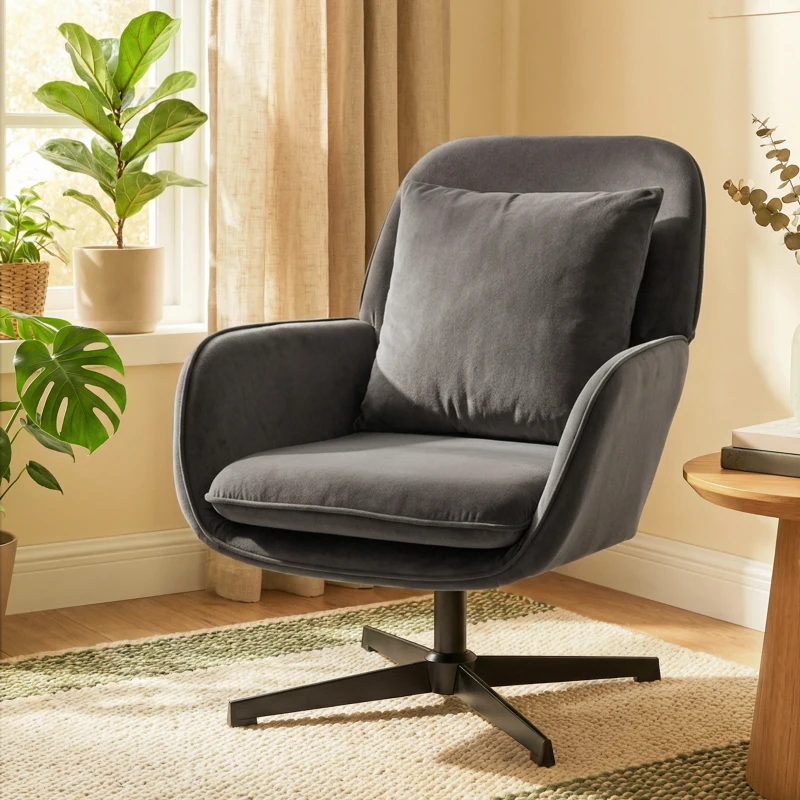 HOMCOM Fauteuil salon, fauteuil d'appoint rembourré en velours avec large assise, coussin et structure en métal, gris foncé