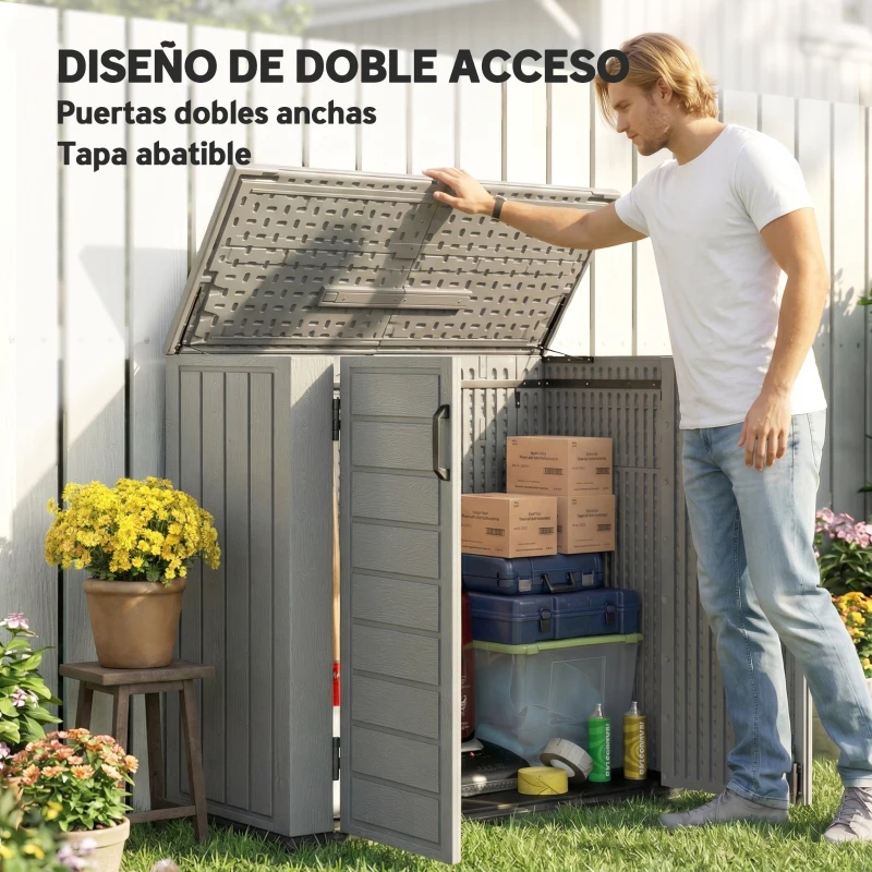 Outsunny Cobertizo de Jardín de HDPE 940L con Tapa Abatible 2 Puertas Cerradura Cobertizo de Jardín 142x67x119 cm Gris Claro