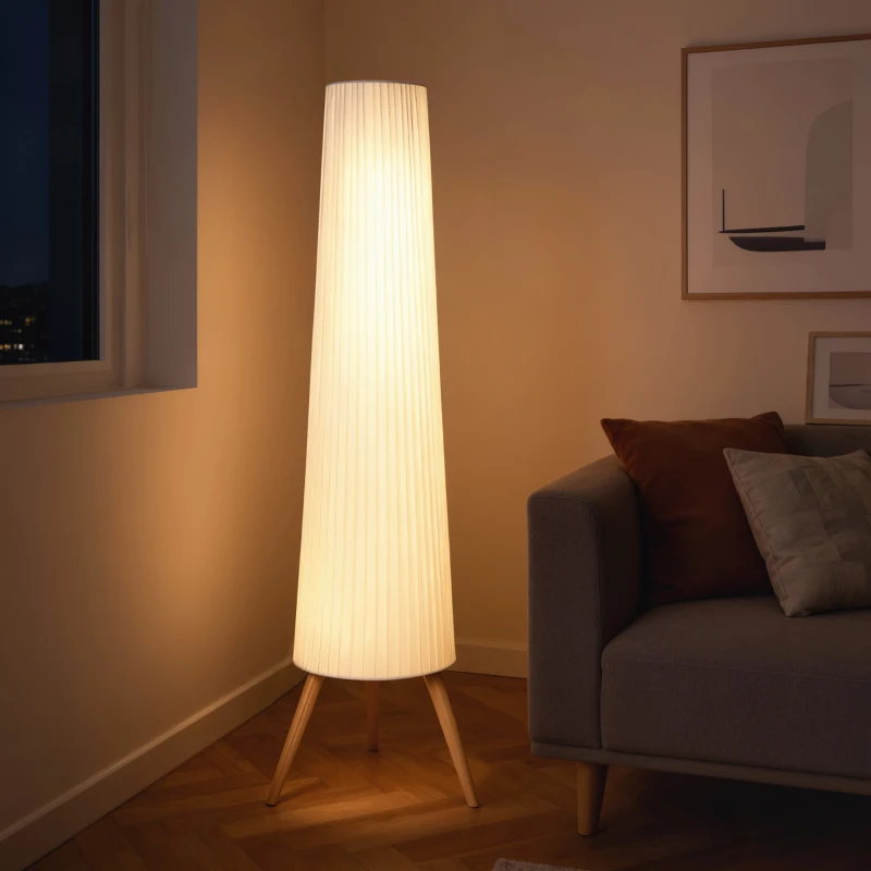 HOMCOM Dimmable Tripod Floor Lamp with Foot Switch, Nordic Standing Lamp with Fabric Shade, 153cm, White, White and Natural