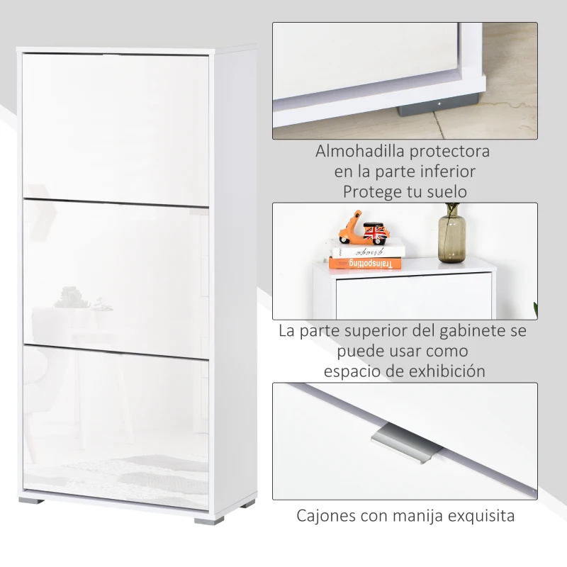 HOMCOM Armario de Zapatos Zapatero Moderno con 3 Cajones Capacidad de 18 Pares de Zapatos para Pasillo 60x26x124 cm Blanco
