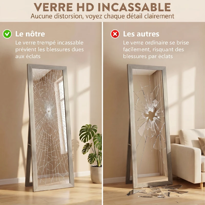 HOMCOM Miroir sur pied mural ou à poser rectangulaire avec cadre en bois pour salon chambre à coucher 37 x 155 cm gris