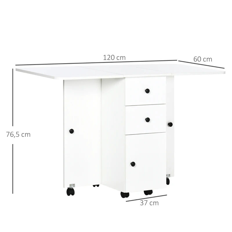 HOMCOM Mesa Plegable con Ruedas y Alas Abatibles Mesa Auxiliar Multifuncional con Almacenaje 120x60x76,5 cm Blanco