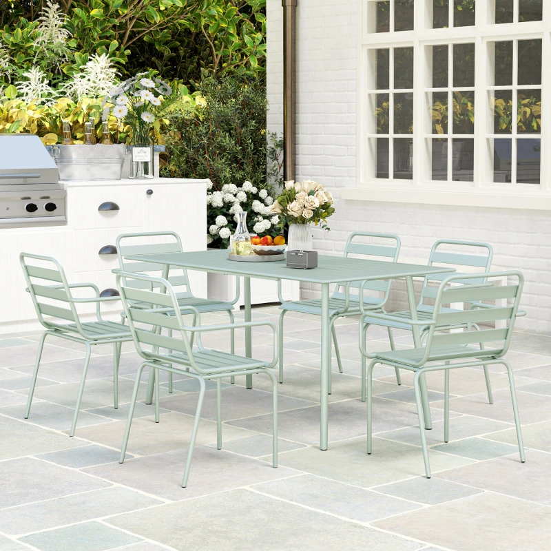 Outsunny Conjunto de jardim conjunto de jantar para jardim 7 peças com 1 mesa e 6 cadeiras empilháveis em aço verde claro