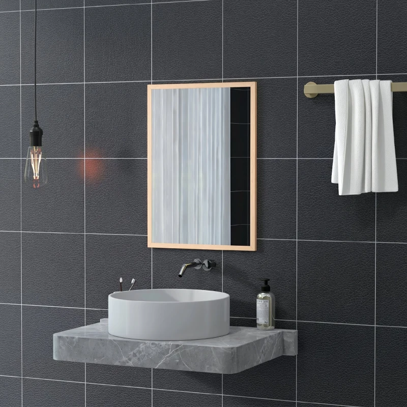 HOMCOM Specchio da Parete Rettangolare con Ganci, Specchio a Muro in Vetro e MDF, 50x70 cm, Color Legno