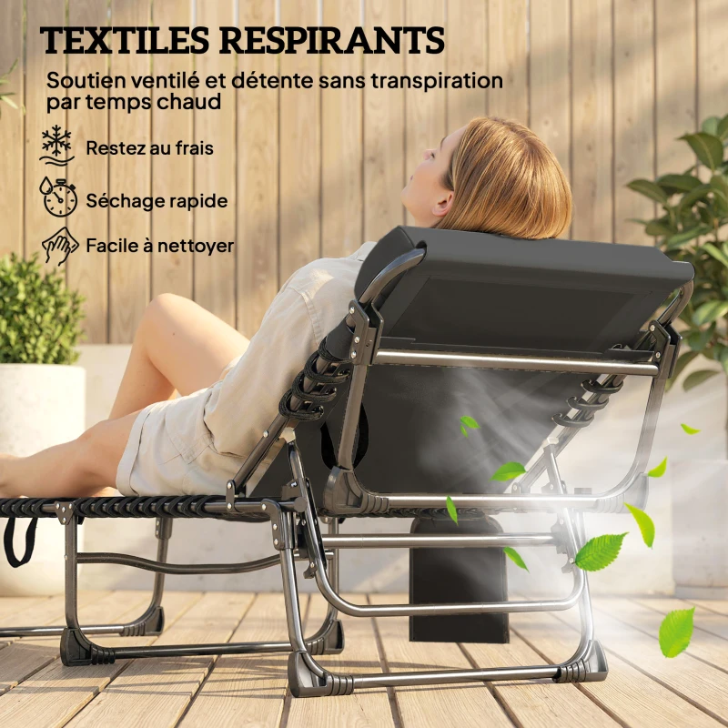 Outsunny Lot de 2 Bain de Soleil Chaise Longue Jardin avec Matelas 9cm Pliable Dossier Réglable 5 Positions Appui-tête 200cm Gris