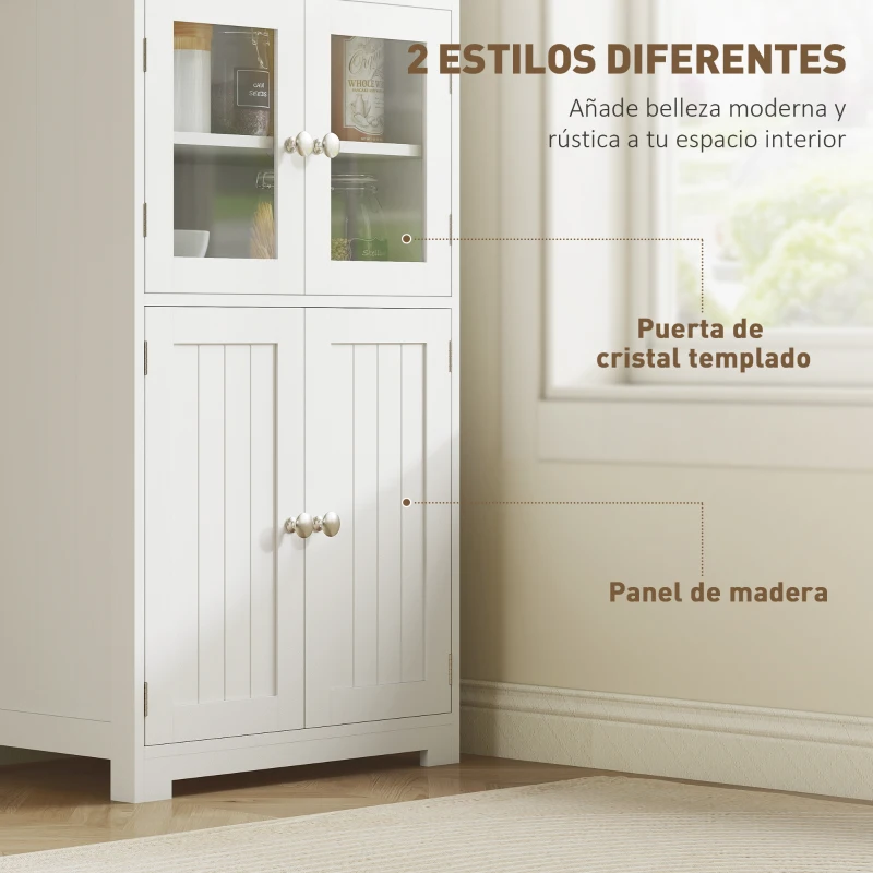 HOMCOM Aparador de Comedor Armario de Cocina con 4 Puertas 2 Estantes Abiertos y Estante Ajustable para Salón 60x30x162 cm Blanco