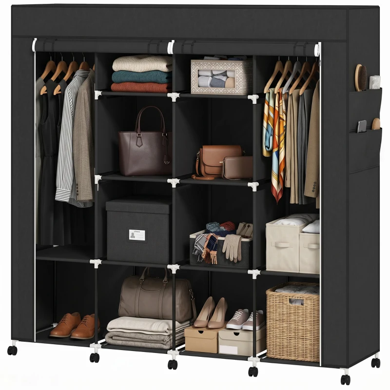 HOMCOM Armoire penderie en tissu, meuble de rangement mobile 10 roulettes avec 10 compartiments, barres de suspension, noir