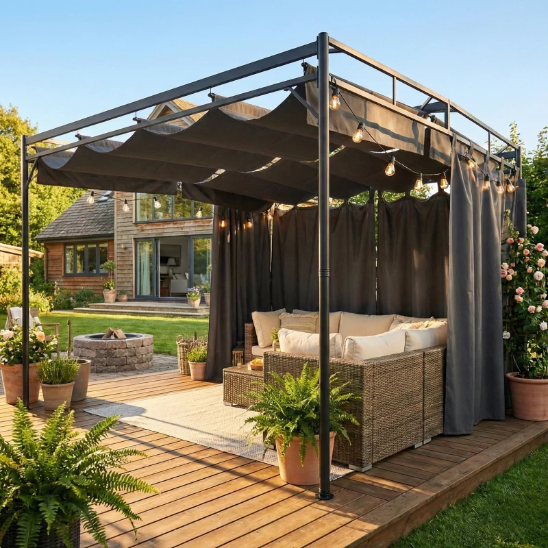 Outsunny Pergola de Jardin Tonnelle de Terrasse avec Toit Rétractable Rideaux et Système de Poulie 3x3m Gris Anthracite