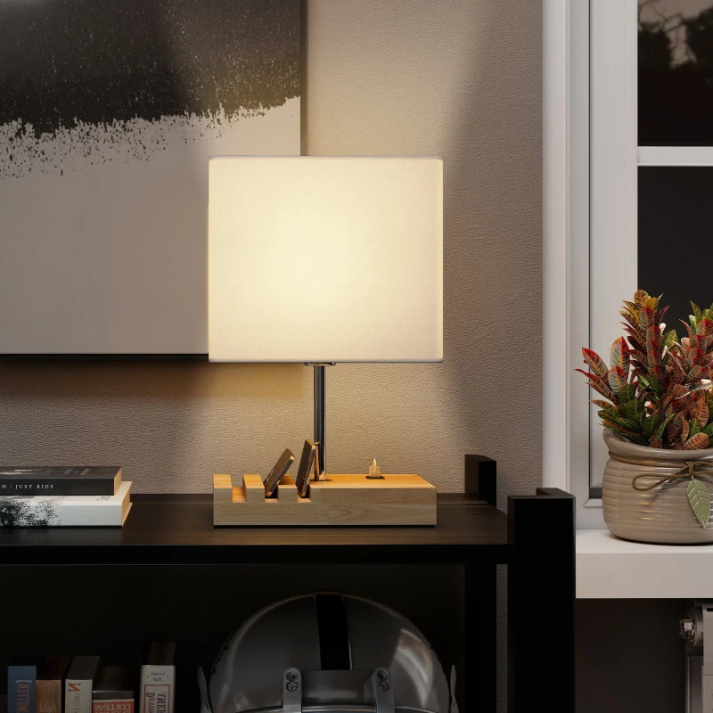 HOMCOM Bedside Lamp with USB A+C Charging Ports and 3 Phone Stands, Modern Table Lamp with Solid Wood Base and Fabric Shade for Bedroom Living Room Office, E27 Socket, Bulb Not Included, White