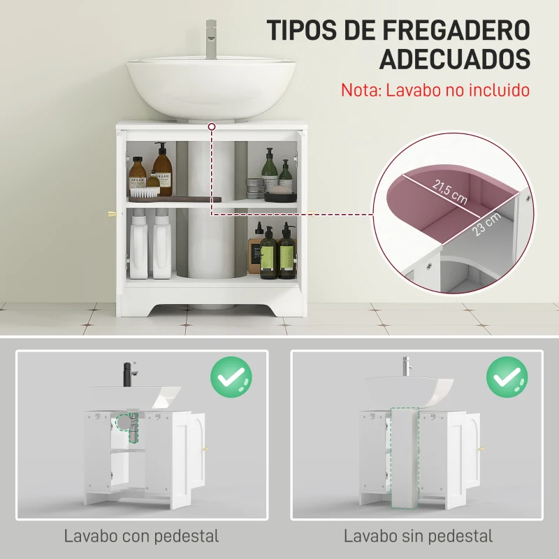 HOMCOM Mueble bajo Lavabo con 2 Puertas con Diseño de Arco Estante Ajustable Tiradores Dorados 60x30x65 cm Blanco