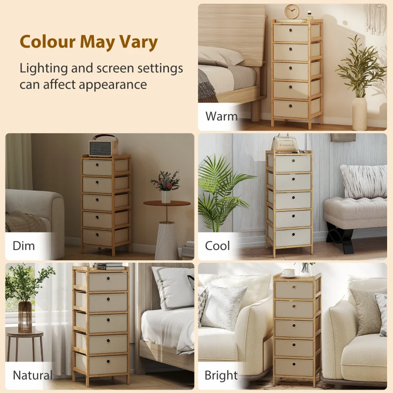HOMCOM Chest of Drawers, 5 Fabric Drawers Narrow Dresser with Bamboo Frame, Cream White