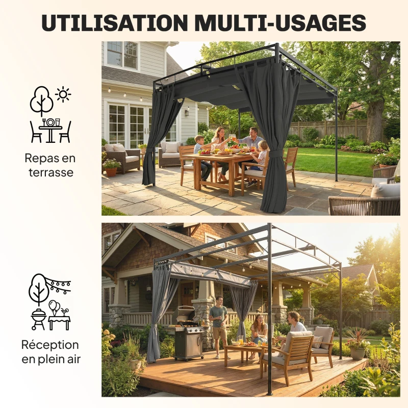 Outsunny Pergola de Jardin Tonnelle de Terrasse avec Toit Rétractable Rideaux et Système de Poulie 3x3m Gris Anthracite