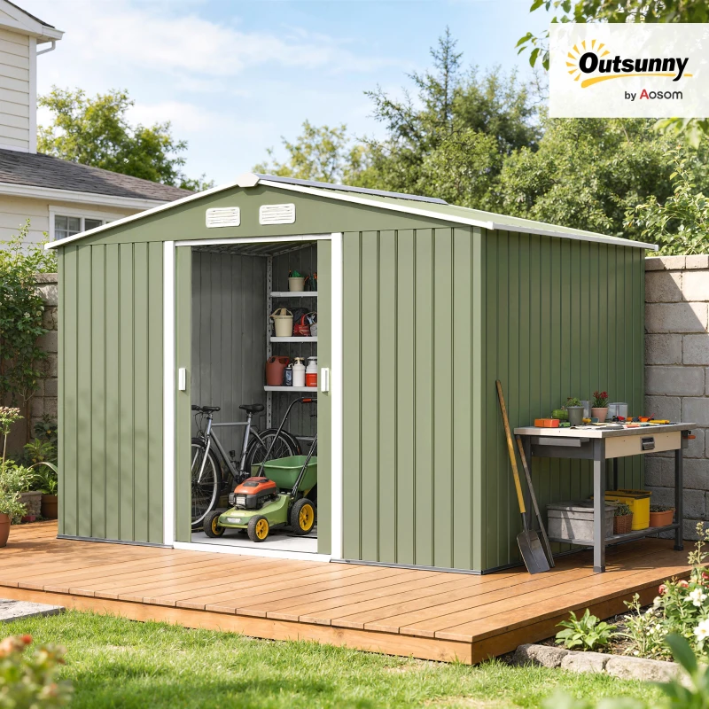 Outsunny 9 x 6ft Garden Metal Storage Shed, Outdoor Storage Tool House with Ventilation Slots, Floor Foundation and Lockable Double Doors, Light Green(m-2)