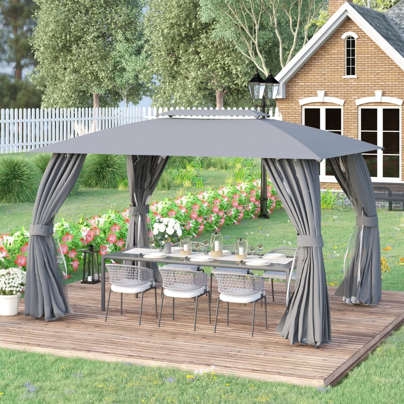 Outsunny Gazebo da Giardino 4x3m con Doppio Tettuccio, Pareti in Poliestere e Struttura in Acciaio, Grigio