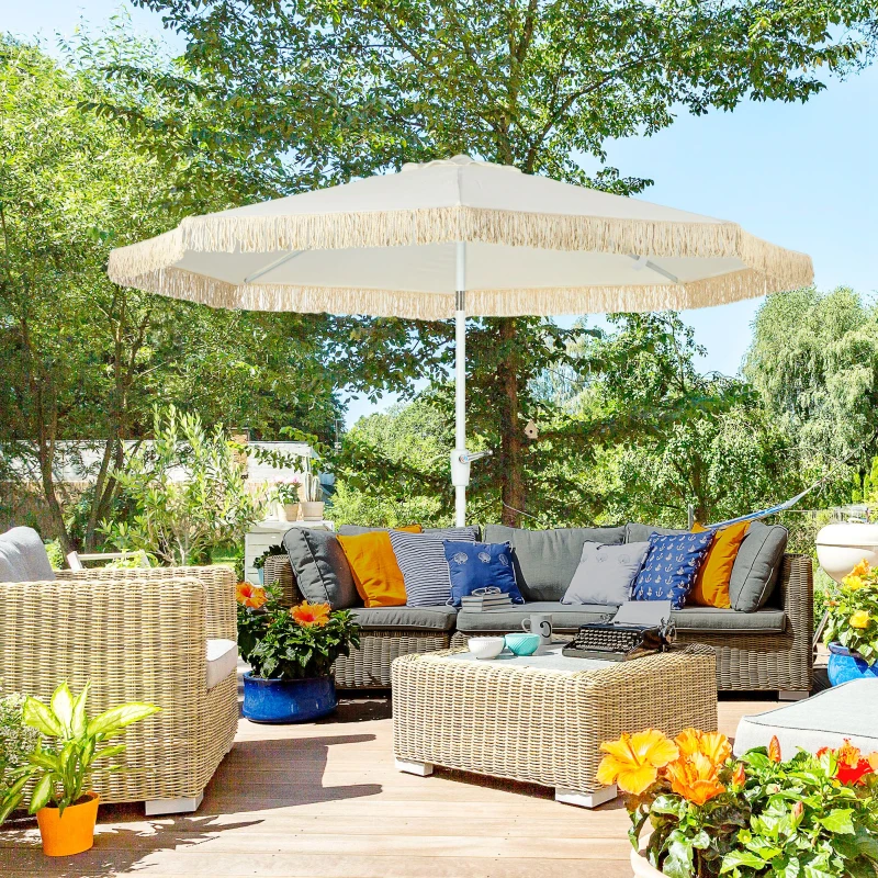 Outsunny Guarda-sol de jardim guarda-sol exterior inclinável guarda-sol com franjas com manivela 8 varetas dim. Ø 2,65 x 2,45 H m Branco