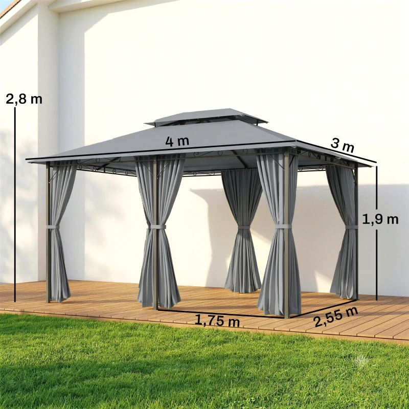 Outsunny Tonnelle barnum pavillon de jardin style colonial double toit toiles latérales amovibles 3L x 4l x 2,8H m gris