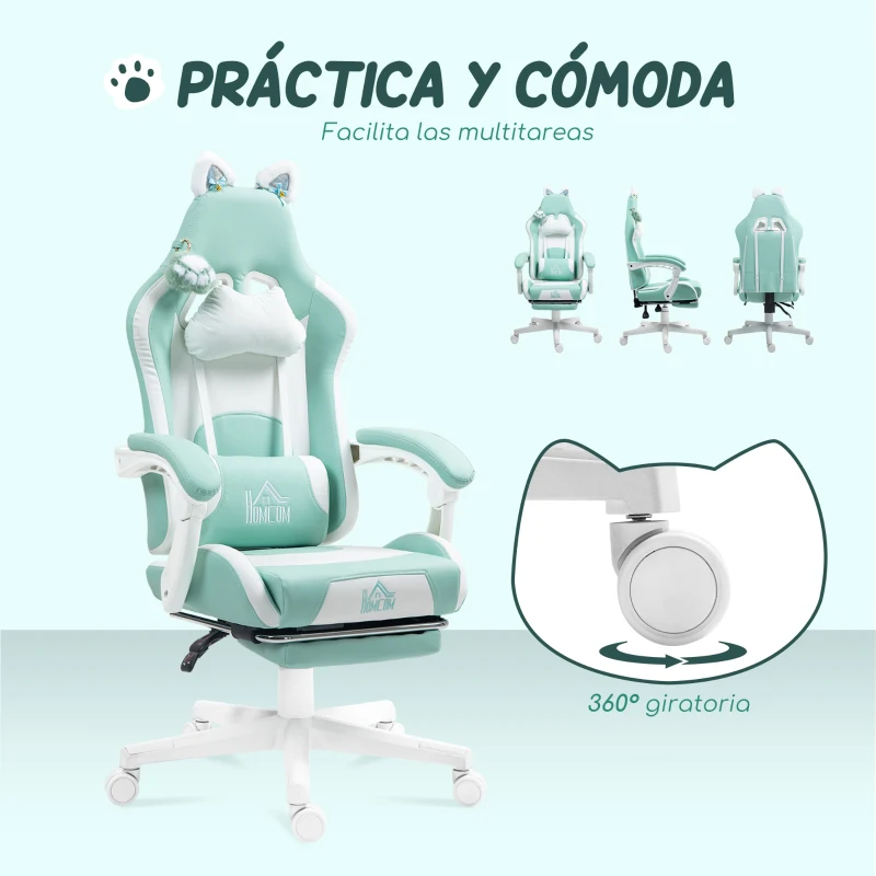 HOMCOM Silla Gamer Reclinable con Altura Ajustable Reposapiés Retráctil Soporte Lumbar y Reposacabezas Desmontable Verde Menta
